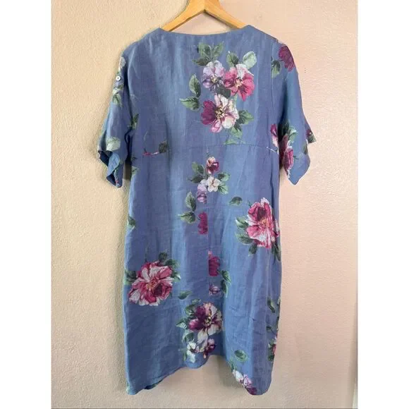 VASNA Lagenlook Linen Dress Blue Floral Made in Italy Oversized Pockets Boho M - Picture 10 of 13